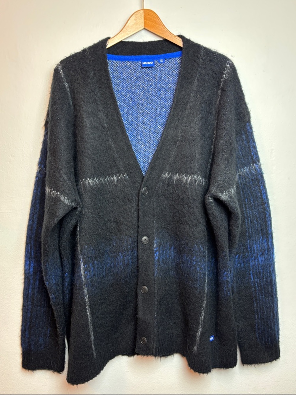 Hugo Boss Men's XL Soena Plaid Cardigan Black Blue Oversized Knitted Relaxed Fit